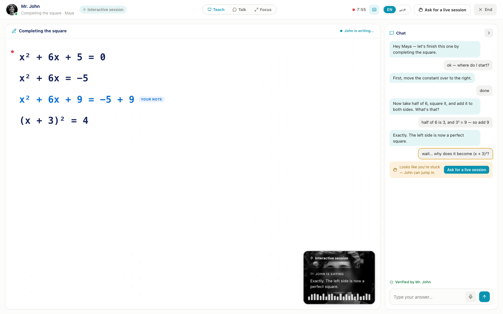 A Mestr student session — interactive whiteboard, tutor video and chat in one room