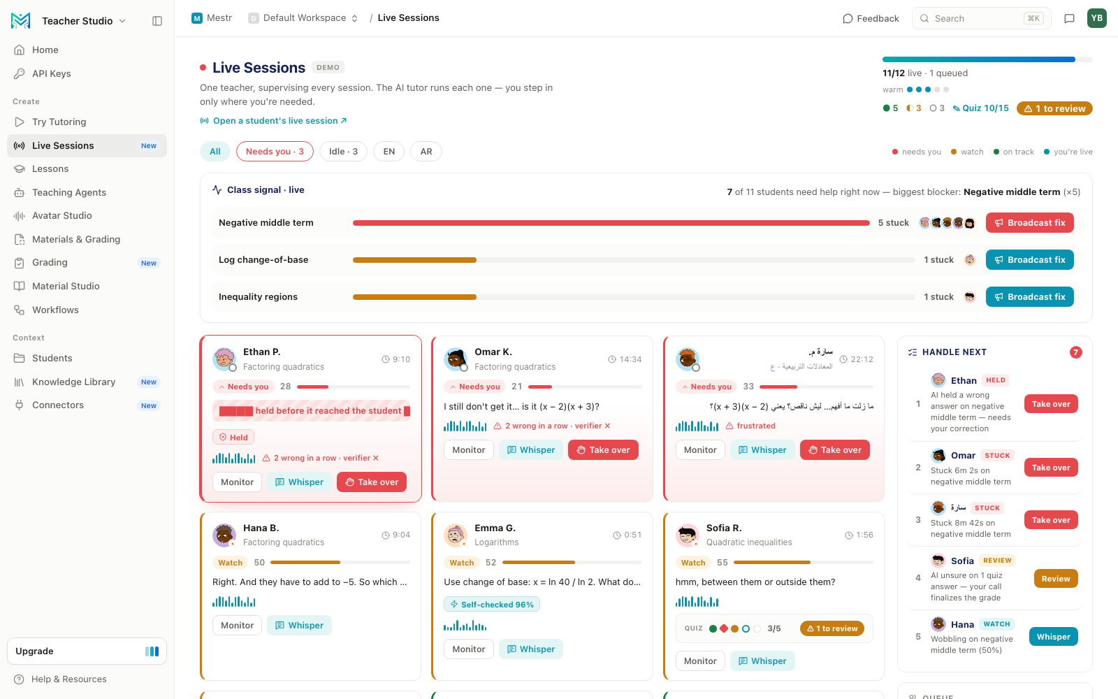 Mestr Teacher Studio live board — one teacher supervising every session at once