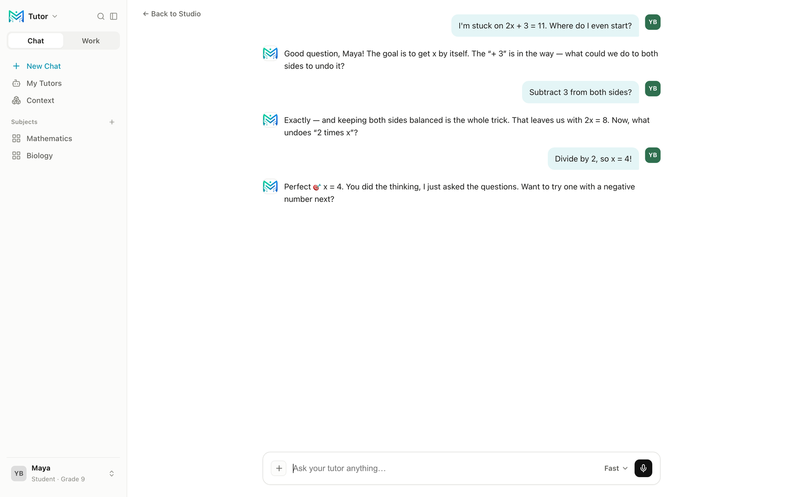 A live Mestr AI tutoring session — the tutor guides a student through solving an equation step by step in their own voice