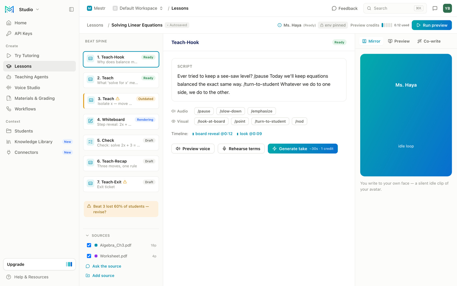 Mestr Lesson Builder — author an avatar-delivered lesson beat by beat, with script, cues and a live avatar preview