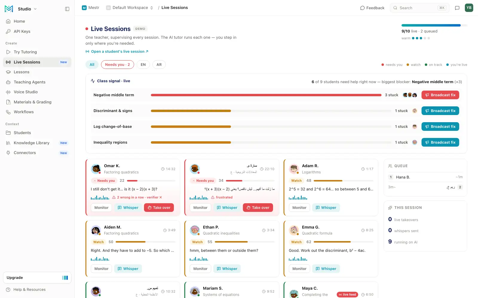 Mestr live sessions board — one teacher supervising many concurrent AI tutoring sessions in real time, stepping in only where needed