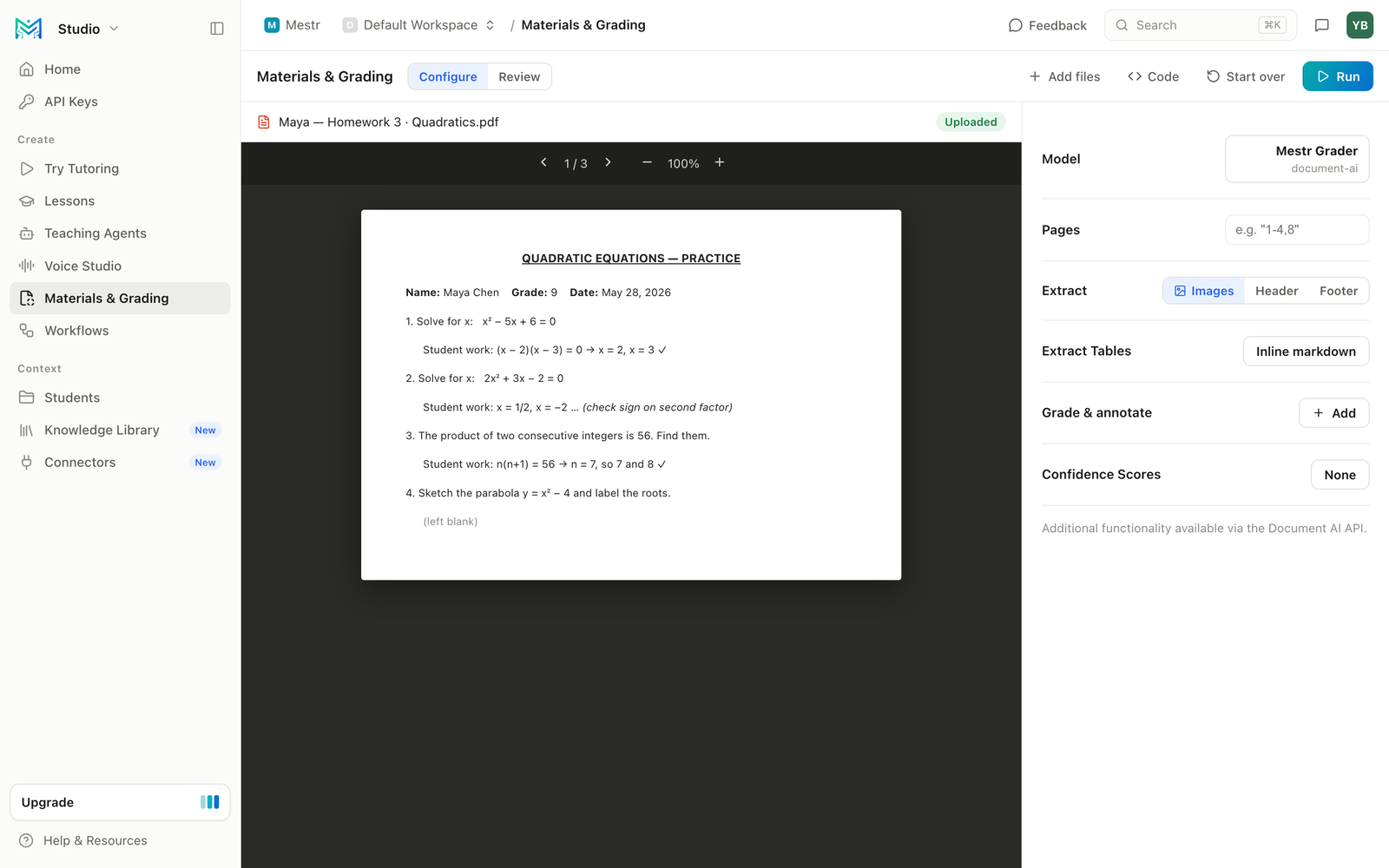 Mestr Materials & Grading — extract and grade student work with Document AI
