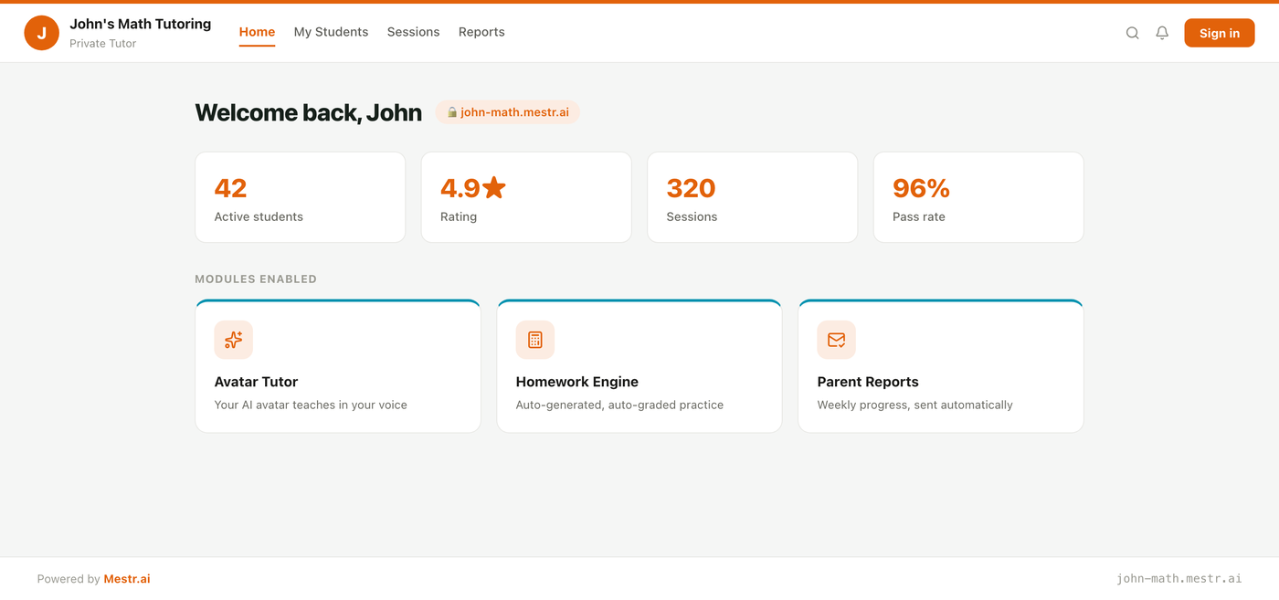 John's Math Tutoring branded Mestr.ai portal on its own subdomain — 42 active students, with an avatar tutor, a homework engine, and automatic parent reports