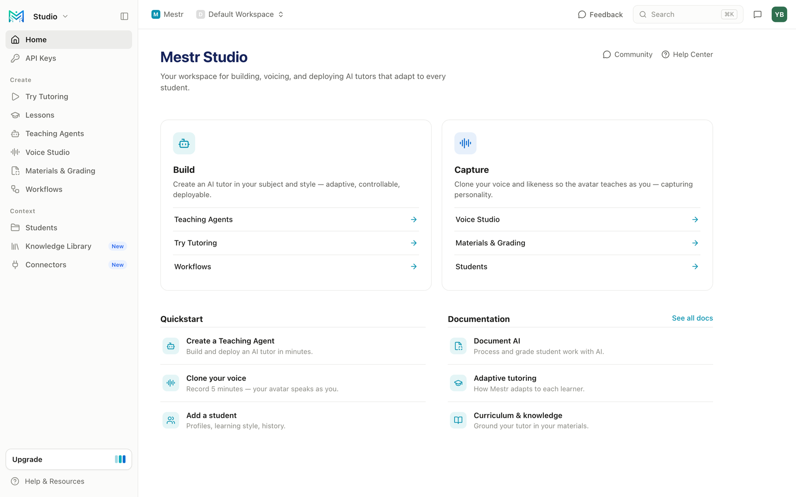 Mestr Studio home — build, voice, and deploy AI tutors from one workspace