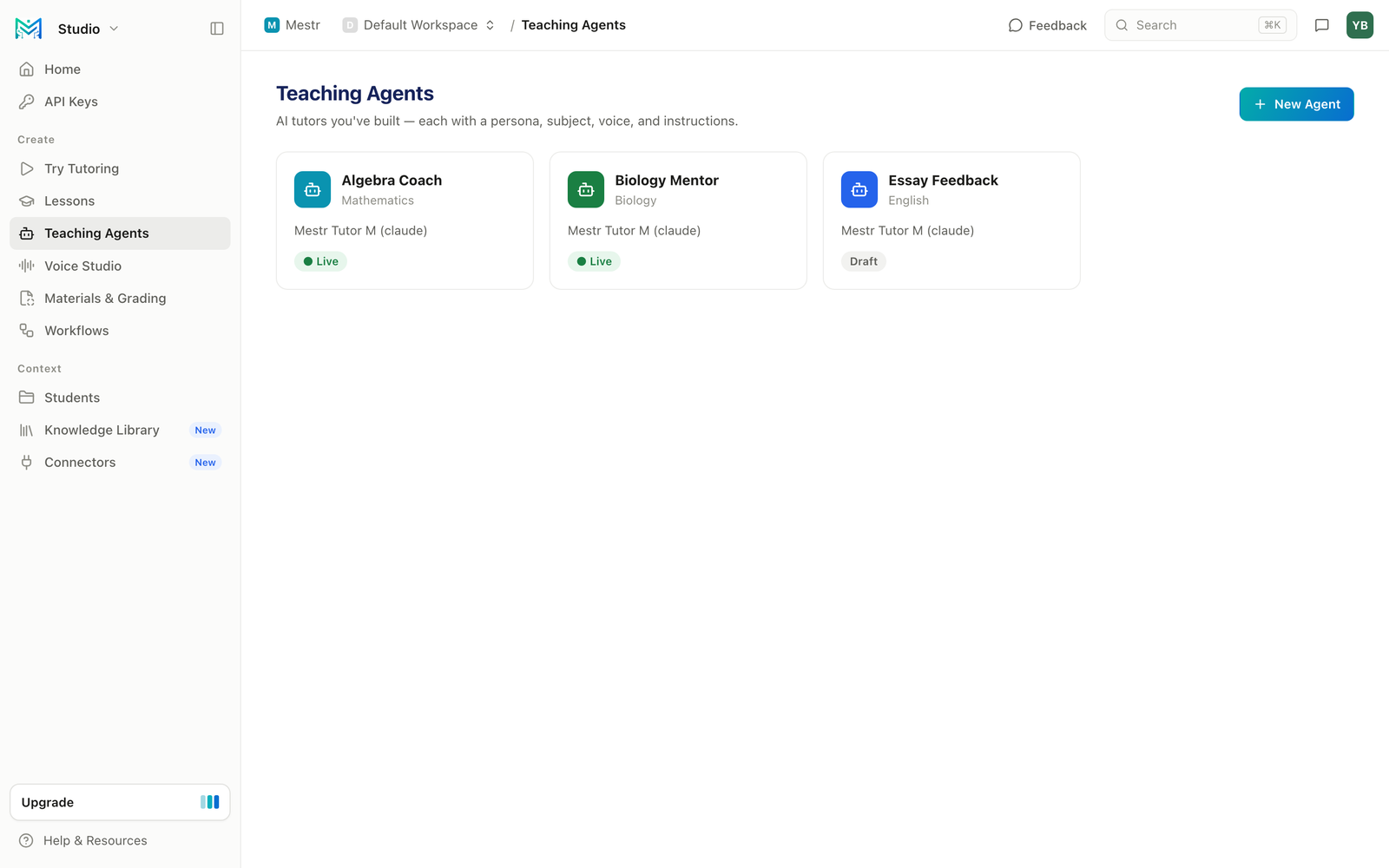 Mestr Teaching Agents — AI tutors, each with its own persona, subject, voice and instructions