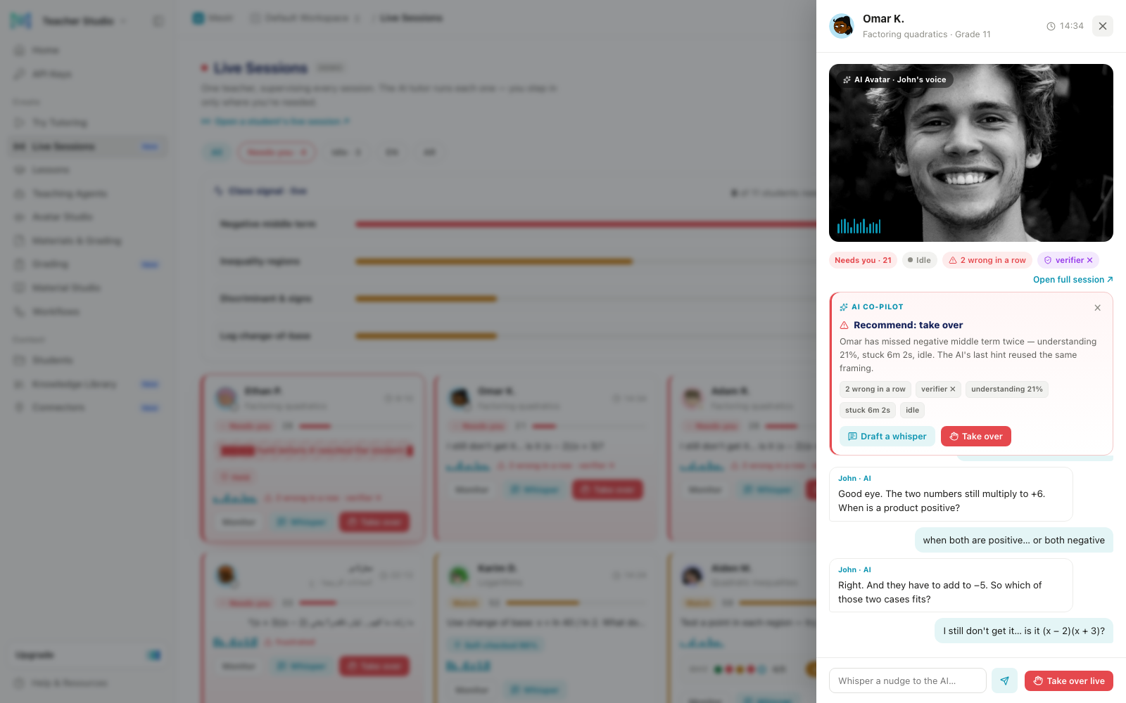 Mestr Teacher Studio live board — one tutor supervising every session at once, with an AI co-pilot that recommends exactly when to step in